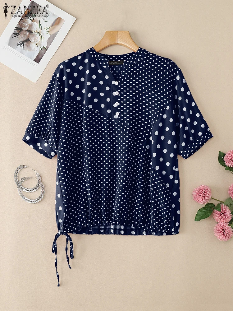 

ZANZEA Summer Fashion Women Blouses Polka Dot Patchwork Casual V-Neck Half Sleeve Drawstring Hem Blusas Mujer Streetwear Tops