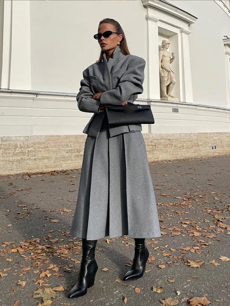 2024 Elegant Grey Pleated A-line Maxi Skirt Suits Chic Stand Collar Pockets Buttons Jackets Sets Lady Autumn Commute Streetwear