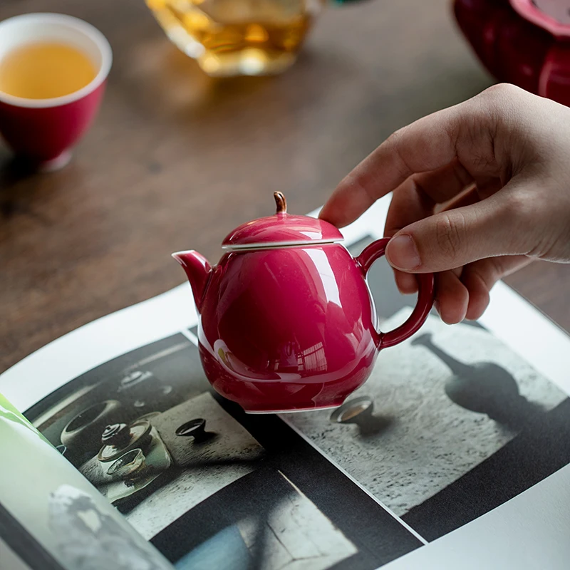 

Carmine Red Ceramic Teapot Chinese Mini Small Teapot Single Pot With Filter Hole Single Small Pot Kung Fu Tea Set