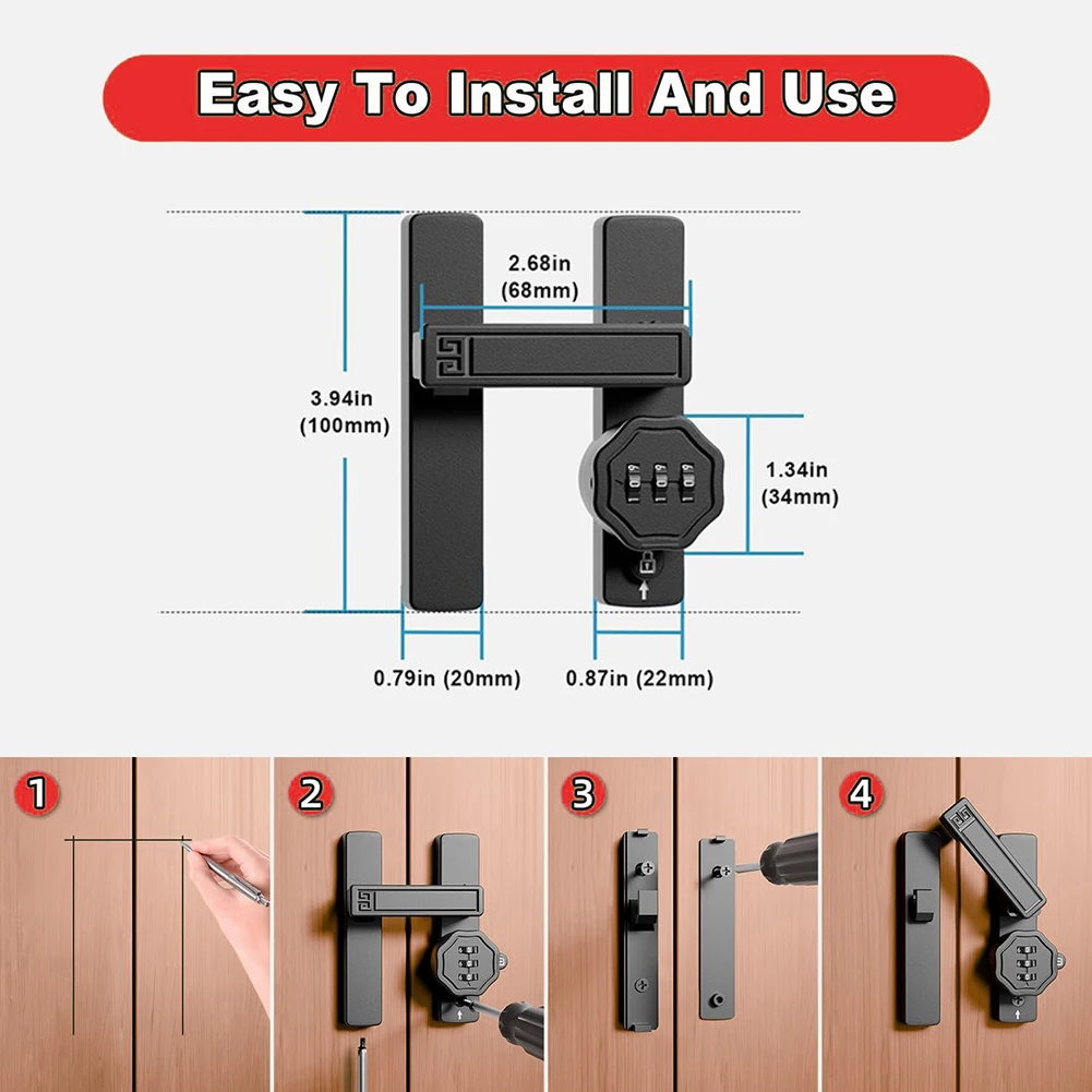 

Кодовый замок для дверей сарая, откидная защелка, 3-значный код, цинковый сплав, черный, 90/180 градусов для сарая, гаражных и домашних дверей