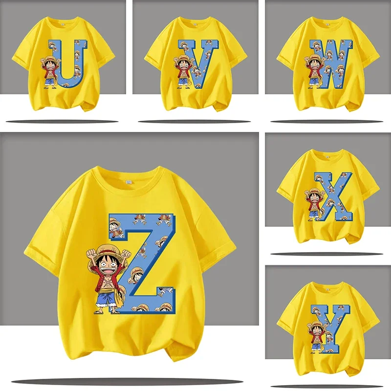 

New style letter A-Z summer T-shirt, "One Piece" children's short-sleeved boys' sports shirt, Luffy cartoon print casual top