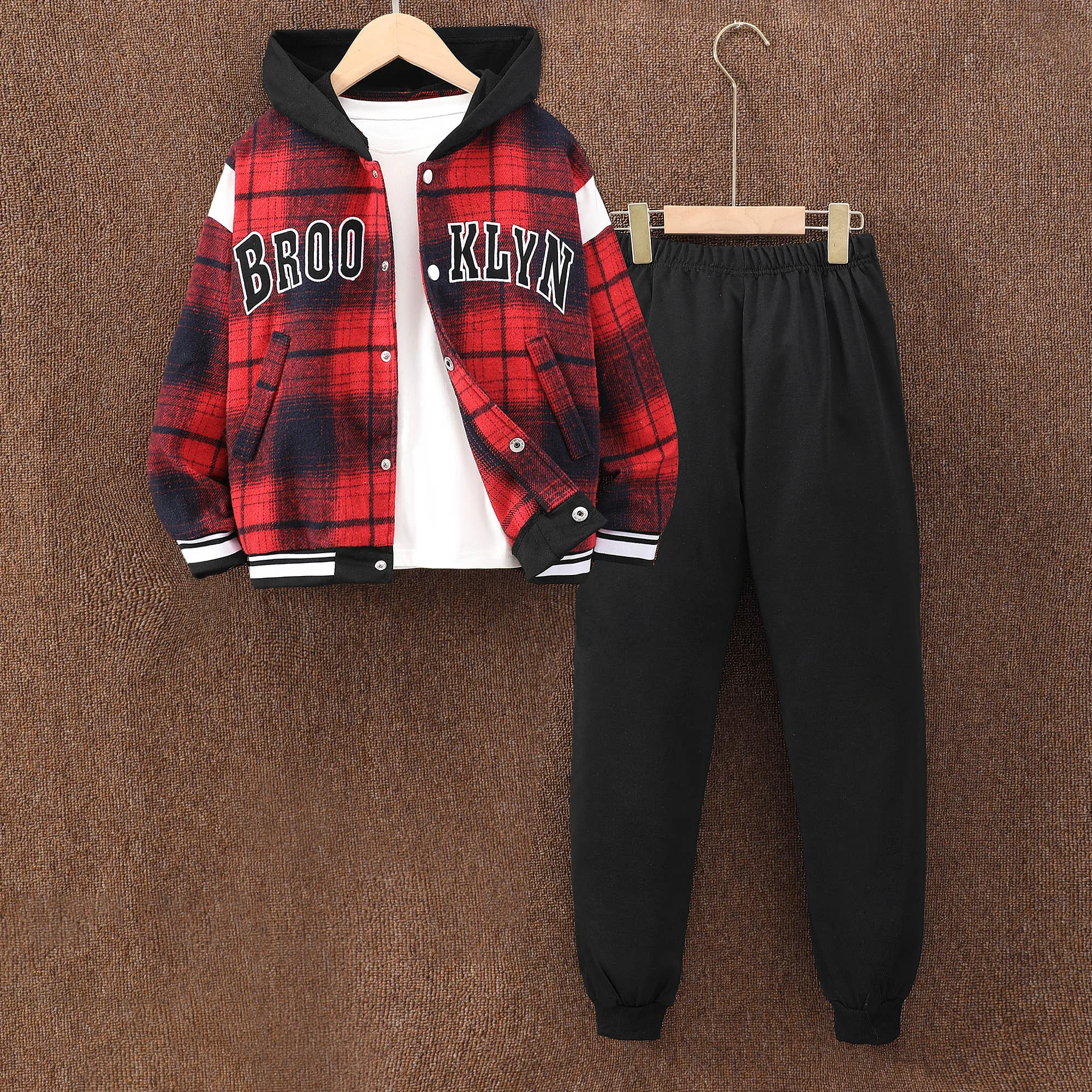 2023 Autumn Winter New Boys Long Sleeve Checkered Hoodie Top+Solid Color Pants Fashion Casual Set 8 9 10 11 12 Years