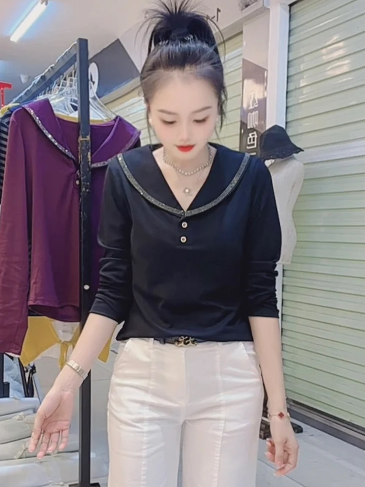 Camiseta larga única de principios de otoño para mujer, camiseta de algodón puro que adelgaza la cubierta de carne, Faionable 2025, nueva Sle Commute Sle