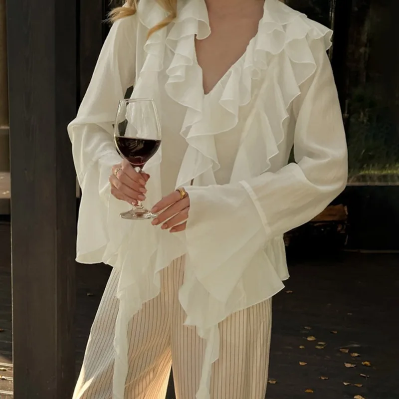 Talenza Summer Chiffon Shirt Fashion Ruffle Long Sleeve Casual Cardigan Patchwork Women Shirt Top V-Neck Commuter Elegant Blouse