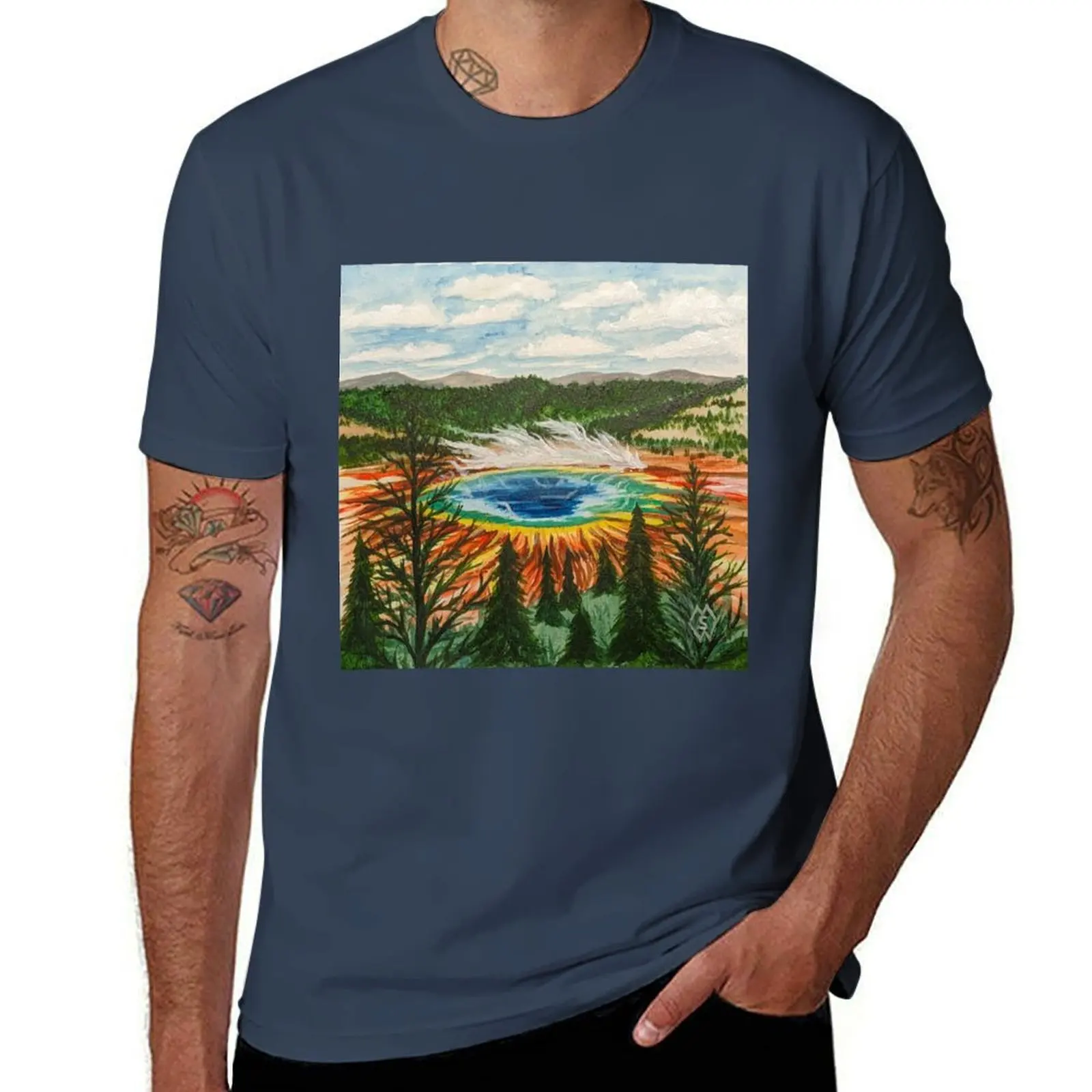 

Overlooking the Grand Prismatic Spring T-Shirt Everyday Wear Basic Short Sleeve Top