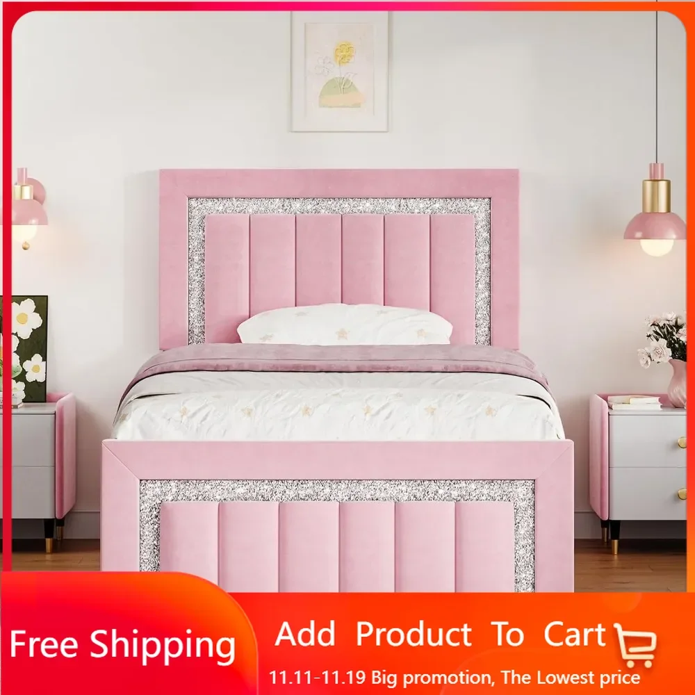 Twin Bed Frames with Headboard, Pink Upholstered Bed Frame with Velvet Vertical Channel Diamond Headboard, Twin Bed Frames