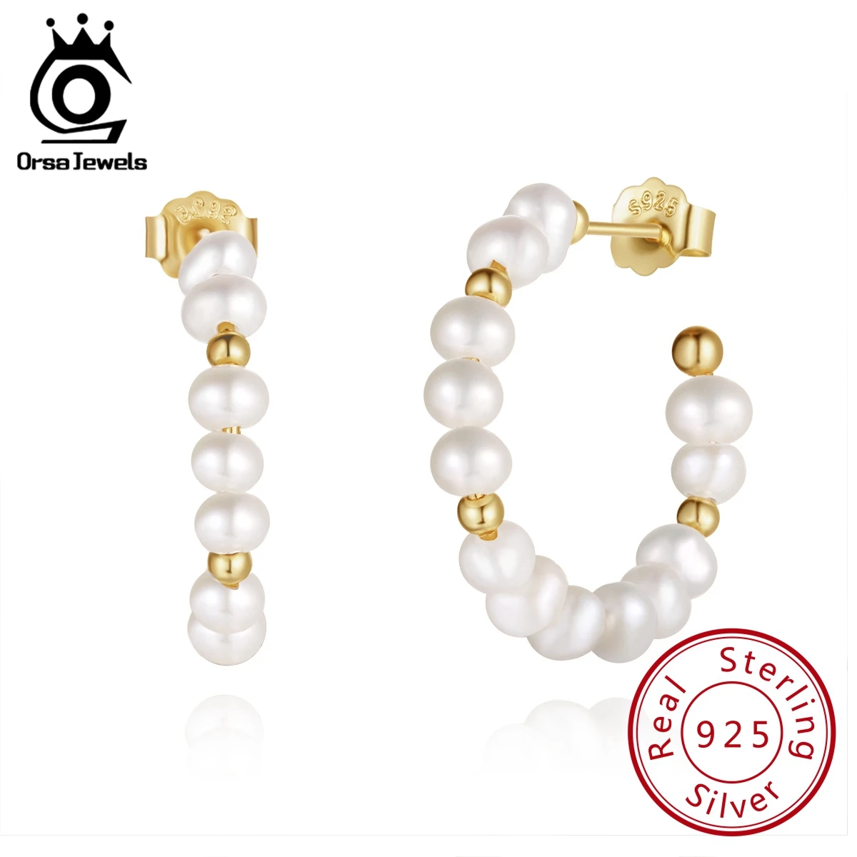 

ORSA JEWELS Bohemian 925 Sterling Silver Natural Pearl Hoop Earrings for Women Fashion 25mm Round Pearl Earrings Jewelry GPE70