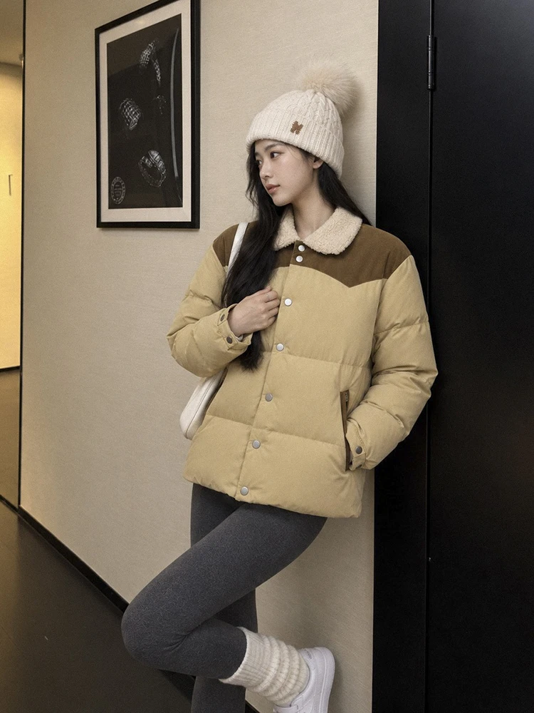 Winter Color Blocking Lamb Collar Splicing Down Jacket Female Warm Single-breasted Parker Jacket Women White Duck Down Outwears