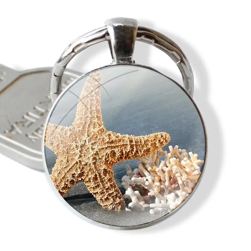 Glass Metal Pendant Key Chain Classic Men Women Key Ring Accessories Jewelry Gifts Summer Beach Relax Starfish