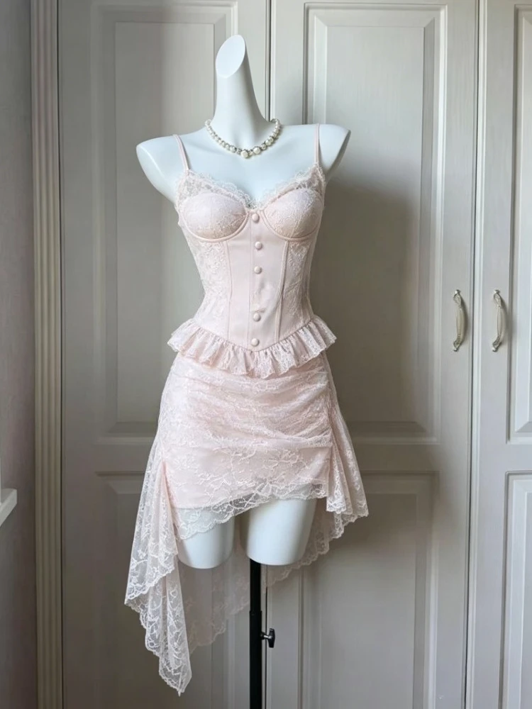 

France Elegant Pure Y2k Two-Piece Set Desire Style Party Outfit New Sexy Camisole Top + Bodycon Skirt Suit Sleeveless 2026