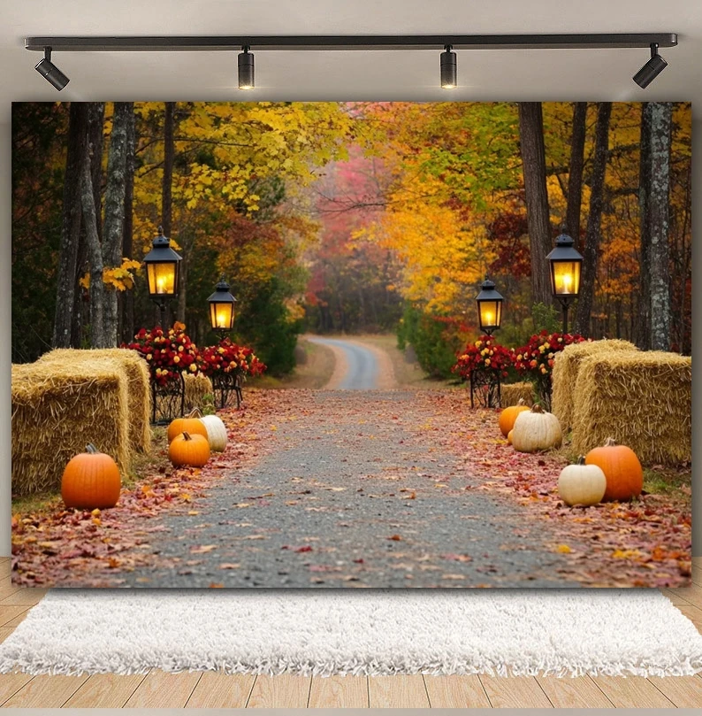Autumn Forest Path Backdrop Maple Leaf Haystack Lantern Pumpkin Harvest Thanksgiving Portrait Photography Background Photozone