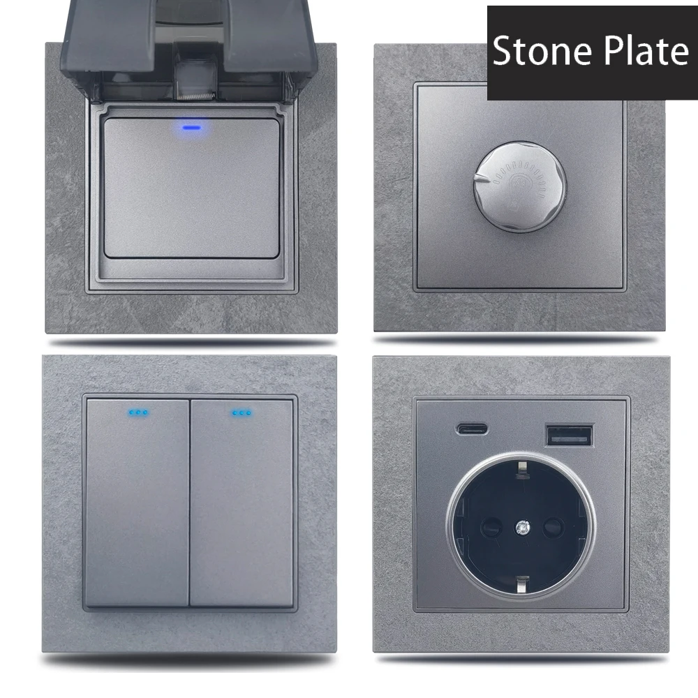 Wallpad Grey Stone Plate Wall Switch Wall Electrical Socket EU Plug with Waterproof Cap Type C Fast Charge Bathroom Available