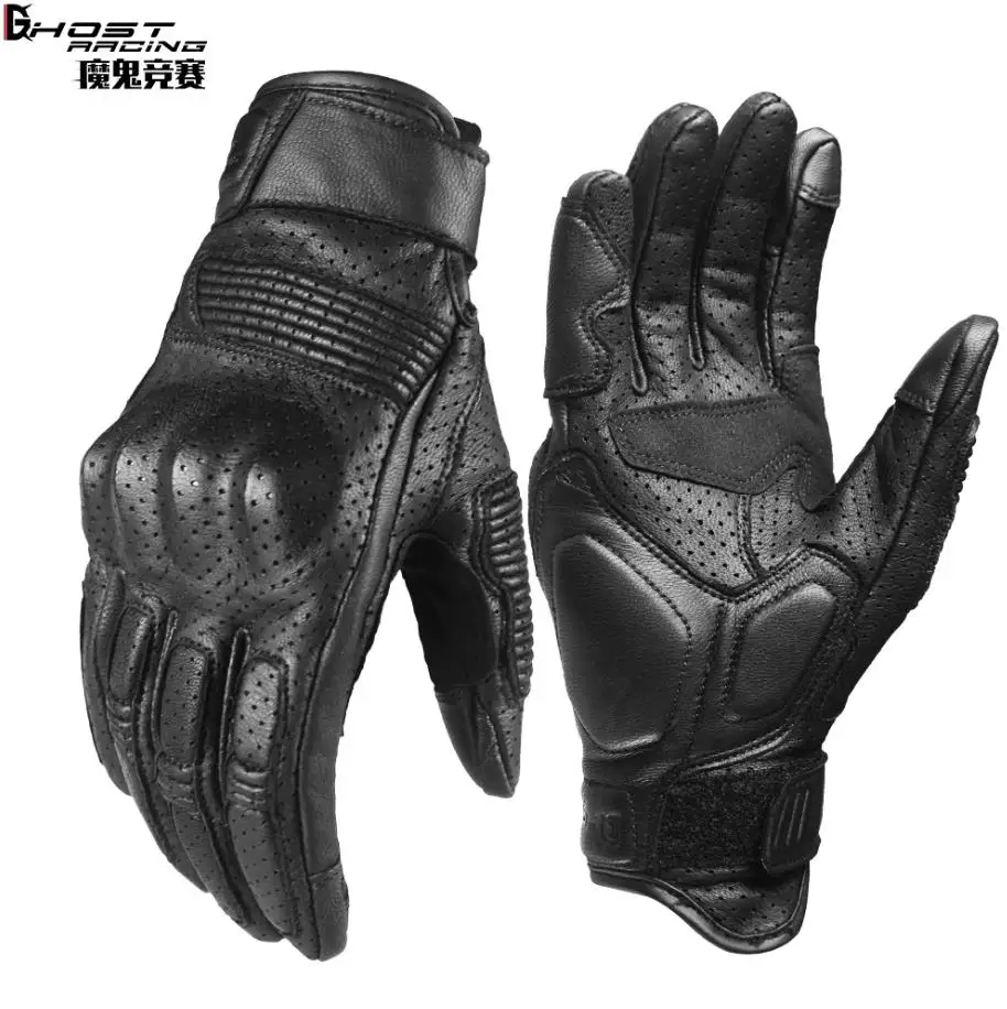 GHOST RACING Touchable Screen Motorcycle Genuine Leather Male Rider Cycling Motorcycle Leather Gloves Racing Anti drop