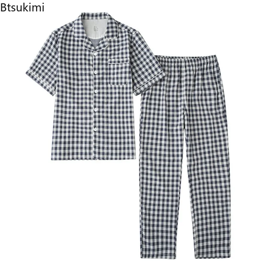 Summer Thin Pajamas Sets Men's Solid Color 100% Cotton Homewear Short Sleeve Two Pieces Breathable Soft Couple Lounge Sleepwear