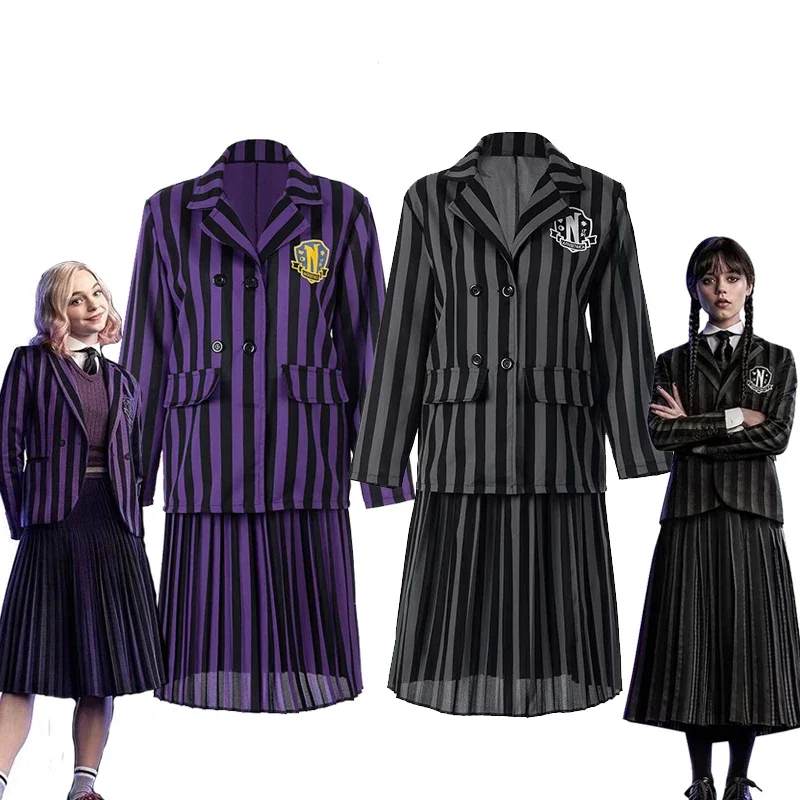 

Girls Adult Family Black Wednesday Addams Jenna Ortega Nevermore Academy Purple Striped Skirt Uniform Jacket Skirt Costume