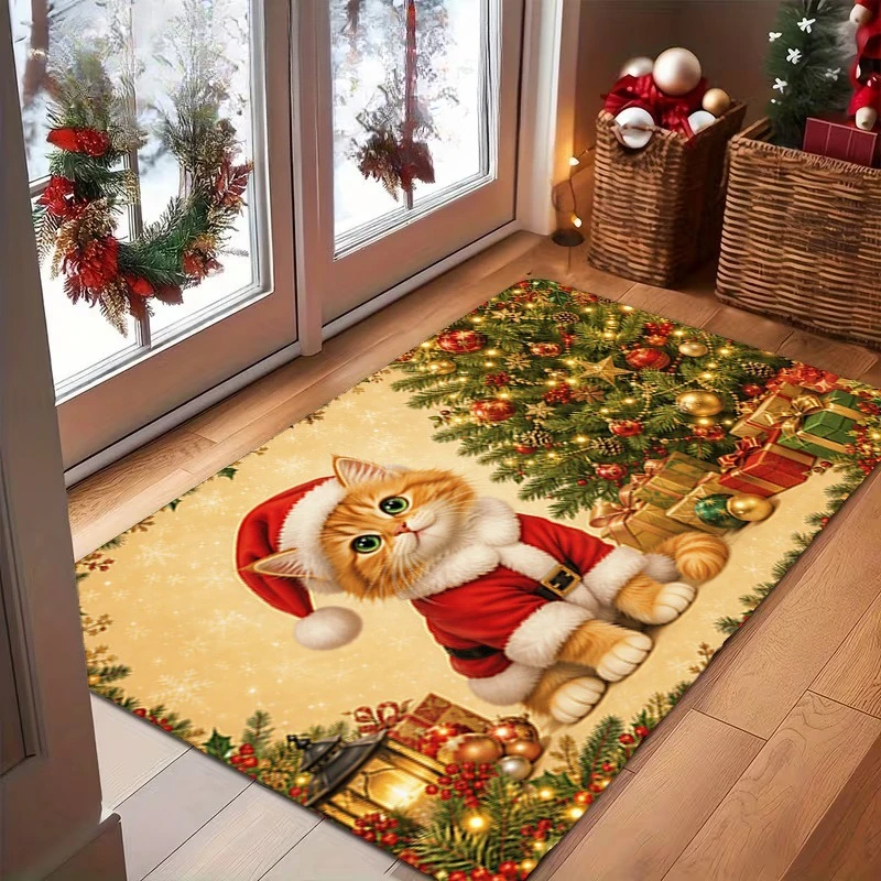 Cute Christmas Penguin Doormat Rainbow Knit Hat Snowflake Winter Scene Print Entry Mat for Home New Year Housewarming Gift
