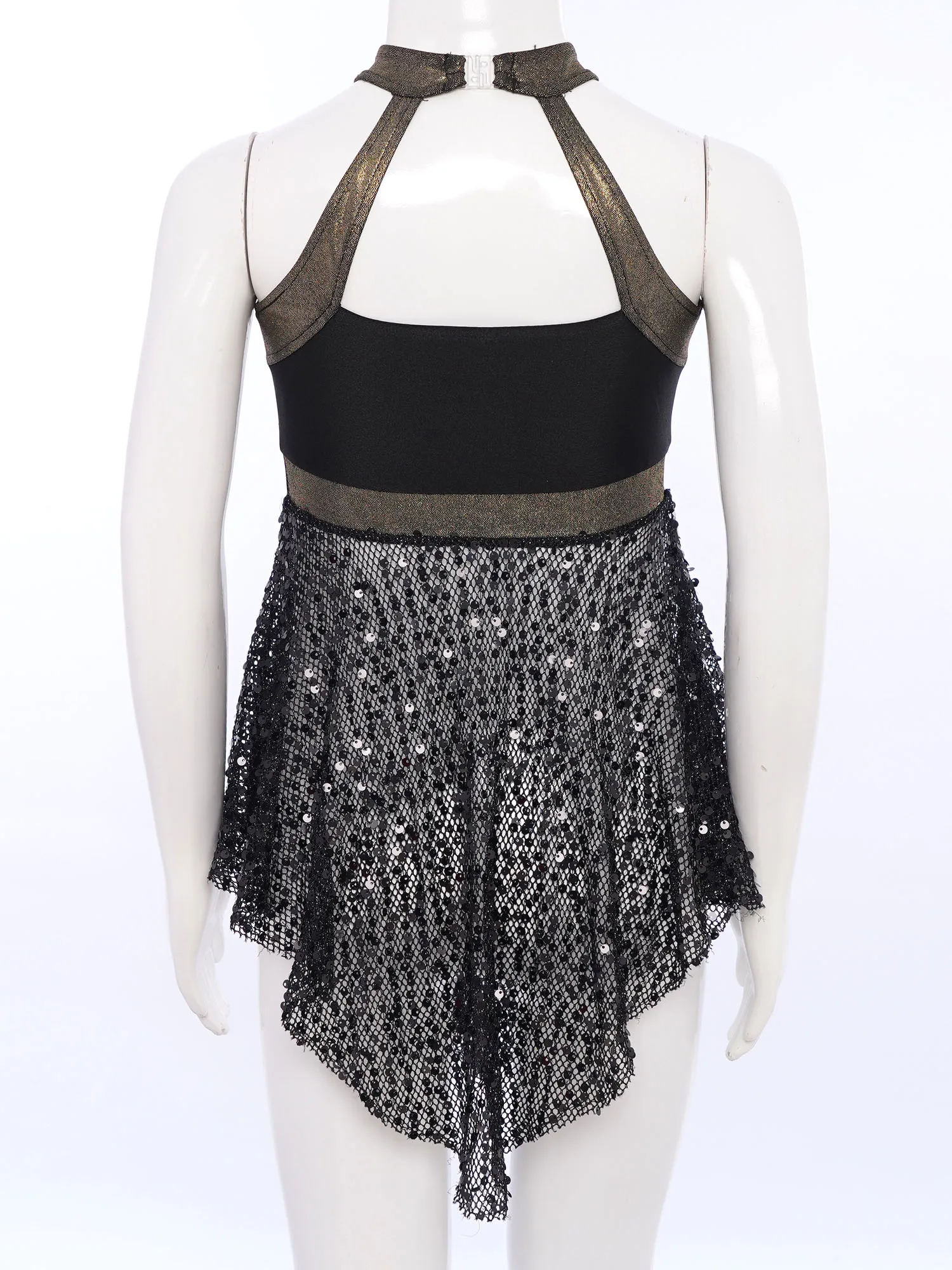 

Kids Girls Jazz Dance Dress Shiny Sequin Sleeveless Hollow Out Mesh Irregular Hem Skirt Dress Ballet Lyrical Dance Tops Overall