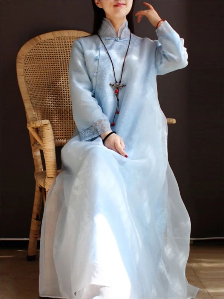 Silk organza heavy embroidery Chinese-style improved stand-up collar slanted lapel button-up cheongsam
