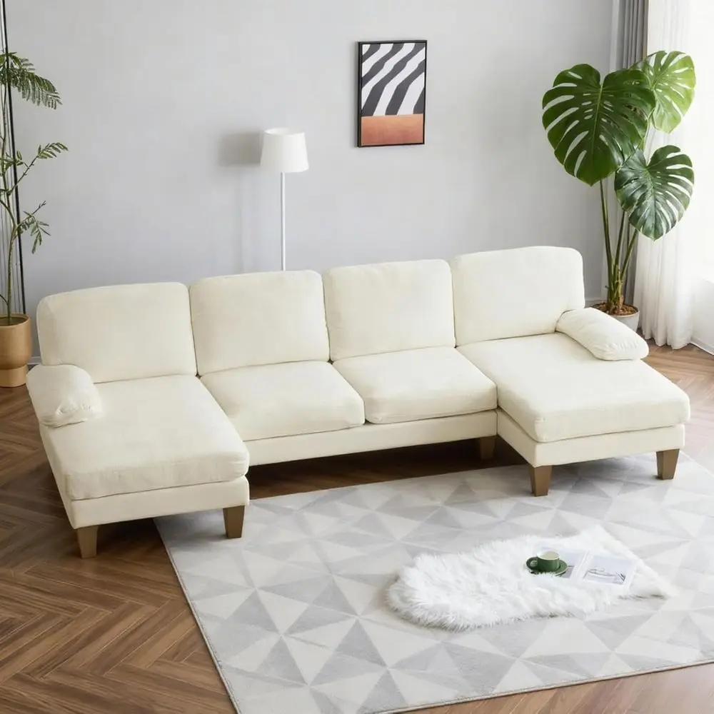 

111 U-Shaped Sectional Sofa with 4 Seats, Chenille Fabric, Reversible, Wood Grain Legs, Ideal for Living or Family Rooms, Beige