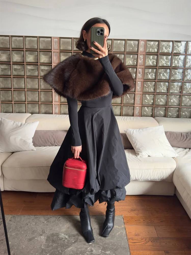 Vrouwen Luxe Nepbont Sjaal Chic Solid Patchwork Ronde Hals Brede Schouders Korte Mantel Jas Mode Dame Herfst Straat Outwears