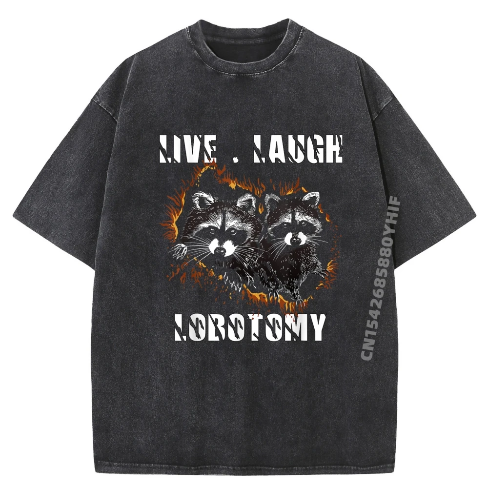 

Live Laugh Lobotomy Retro Opossum Leisure Mens Tees Retro Washed Tee Shirt Graphic T Shirts Street Printed Tops