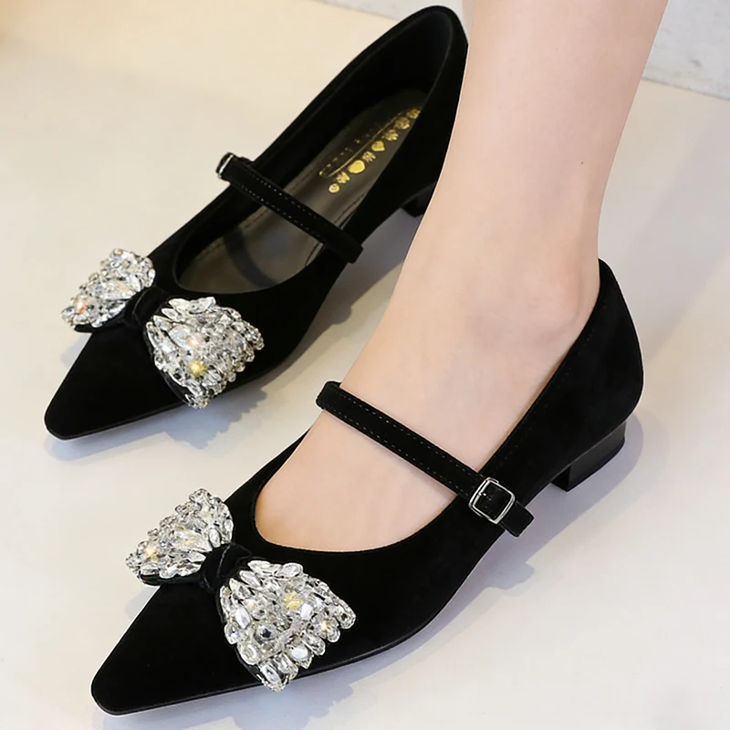 

Velvet Pointed Toe Mary Jane Flats With Rhinestone Bow Detail Elegant Party Wedding Shoes Comfortable Slip On Footwear For Women