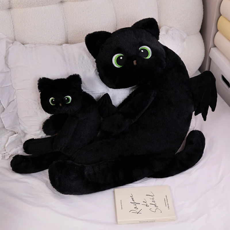 かわいい黒猫の柔らかい枕、翼のある大きな目、子猫のぬいぐるみ、ハロウィーンの装飾、ソファのクッションのおもちゃ、クリスマスプレゼント、40 cm、70 cm、100cm