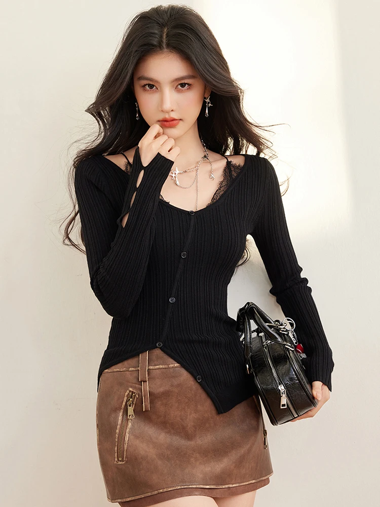 Nieregularny design Sense Dzianinowe topy Kobiety 2025 Wiosna Nowy Koronkowy patchwork Sweter z dzianiny Seksowna gorąca dziewczyna Top z długim rękawem