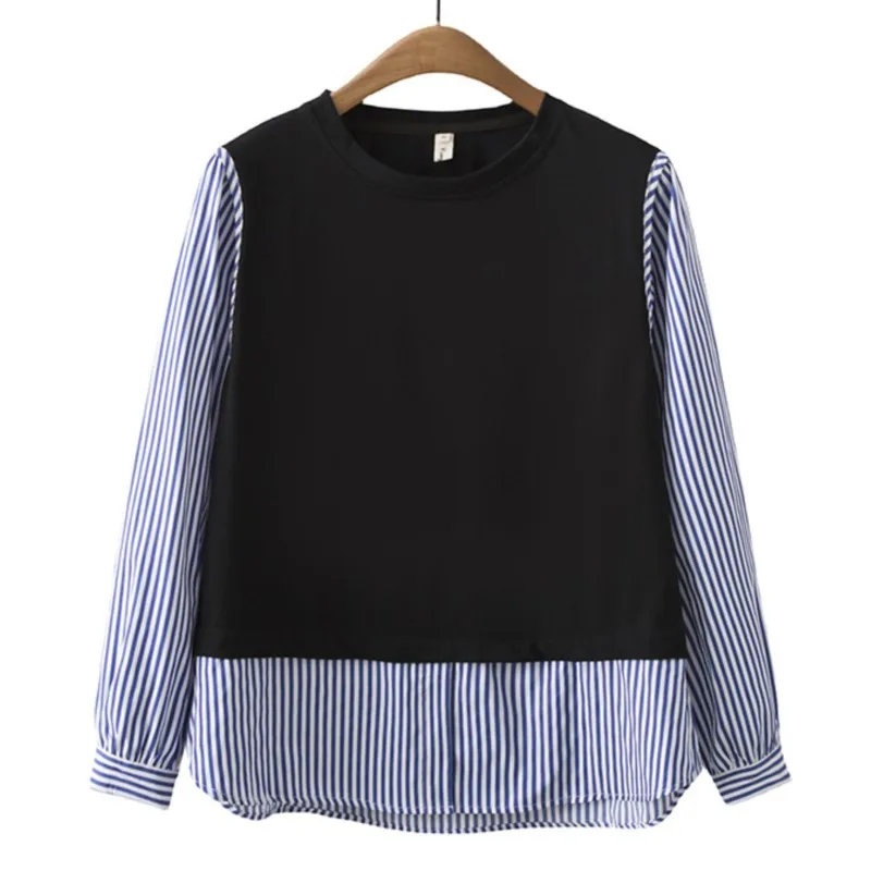 2023 Autumn Women Clothes Plus Size Blouses Casual Long Sleeve Stripe Stitching Fake Two Pieces Shirt Curve Tops J8 8930