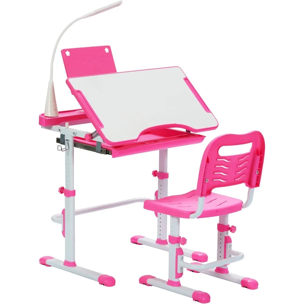 Height Adjustable Childrens Desk and Chair Set, Kid's School Workstation with Tilt Desktop