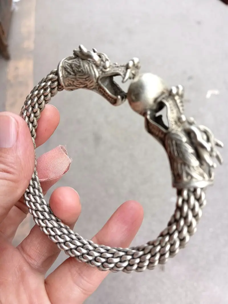 Vintage Sort Tibetan Silver Bangle Bracelets Sun Two Dragon Mascot Gem Wrist Bless Lucky Churinga