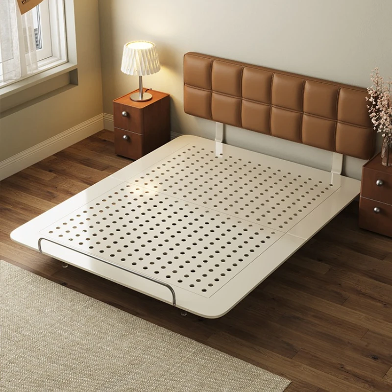 Italian minimalist full leather suspension bed, small apartment thin bedside master bedroom chocolate carbon steel bed
