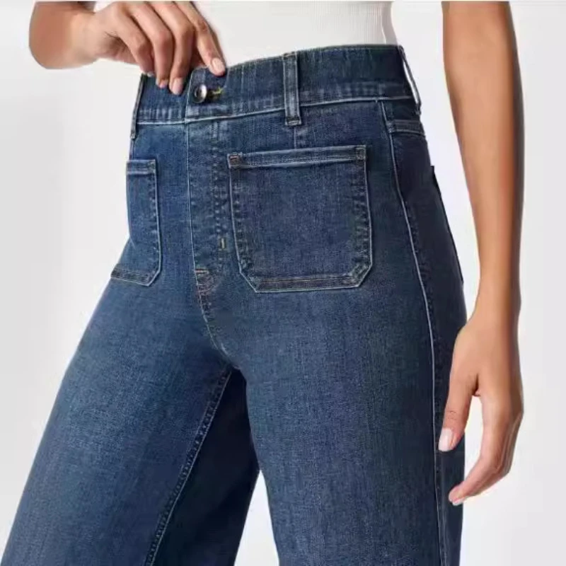 Hot-selling European And American Straight Wide-leg Women's Jeans And Large Pockets Trousers Design Appears Taller And Slimmer
