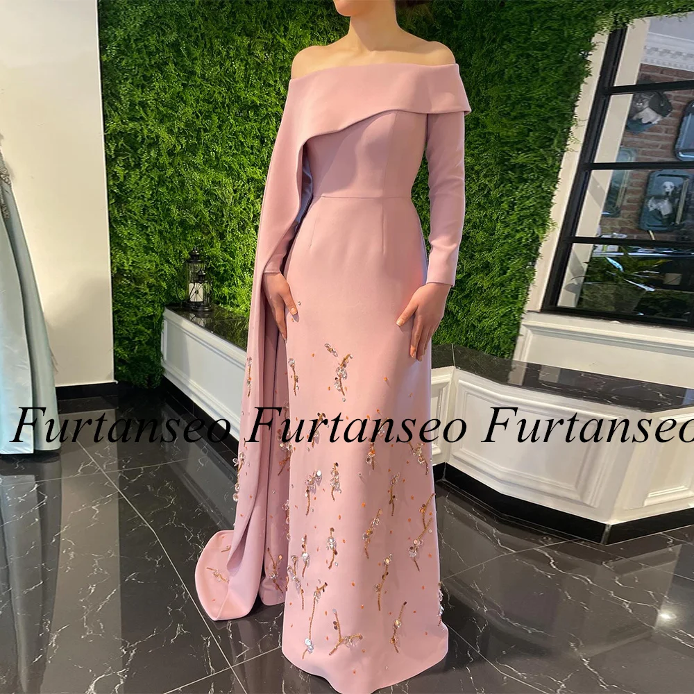 Fashion Prom Dress Saudi Arab Party Gown Customized Long Sleeve Beading Pearls Formal Evening Dresses with Cape Robe Soiree