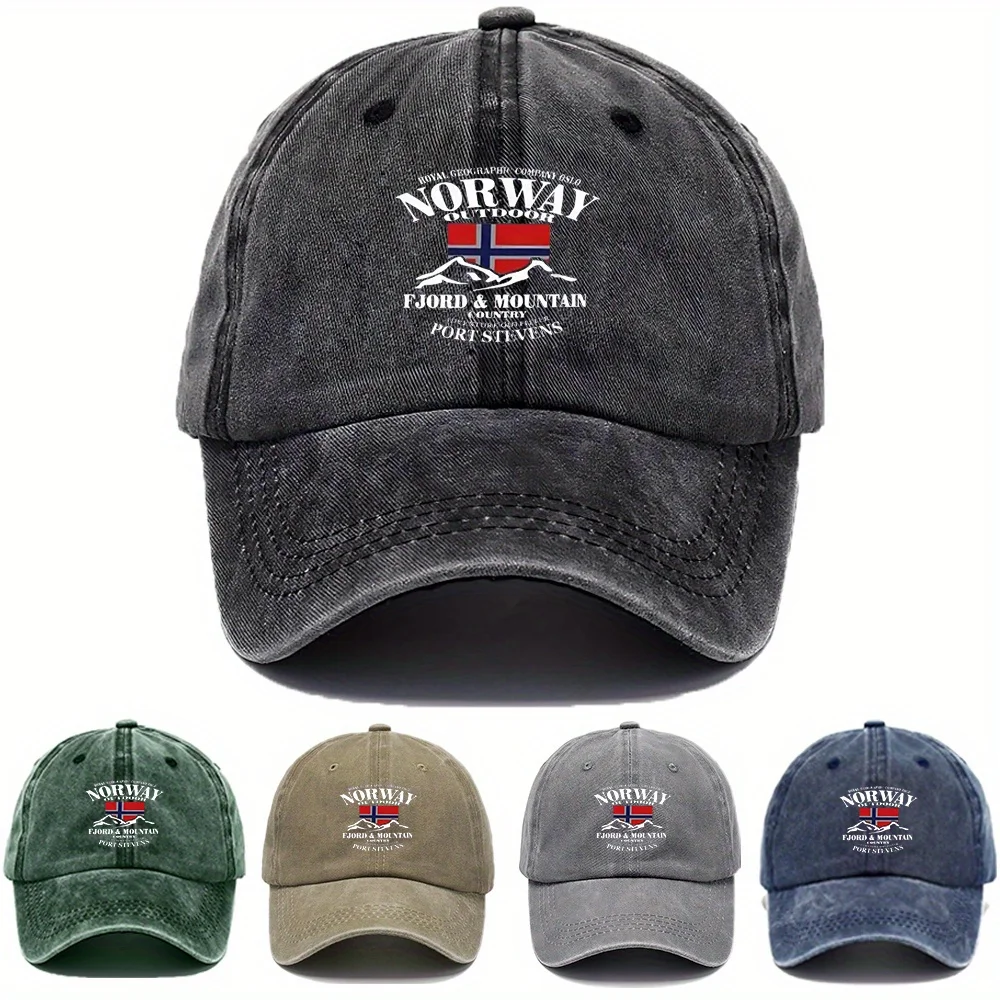 Una gorra de béisbol ajustable con la palabra "NORUEGA" impresa y la bandera noruega, junto con un diseño de montaña nevada.