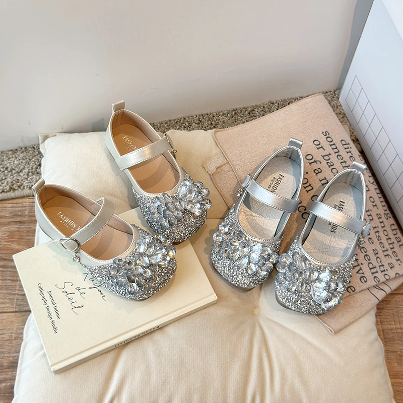 

Girls' Elegant Crystal Mary Jane Shoes Soft Sole Leather Footwear Fashionable Princess Style Shiny Children's Footwear 23-35