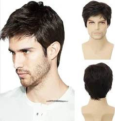 Synthetic Short Straight Hair Wig for Men Natural Brown Haircut Boys Wigs with Bangs Daily Cosplay Party Use Heat Resistant Soft