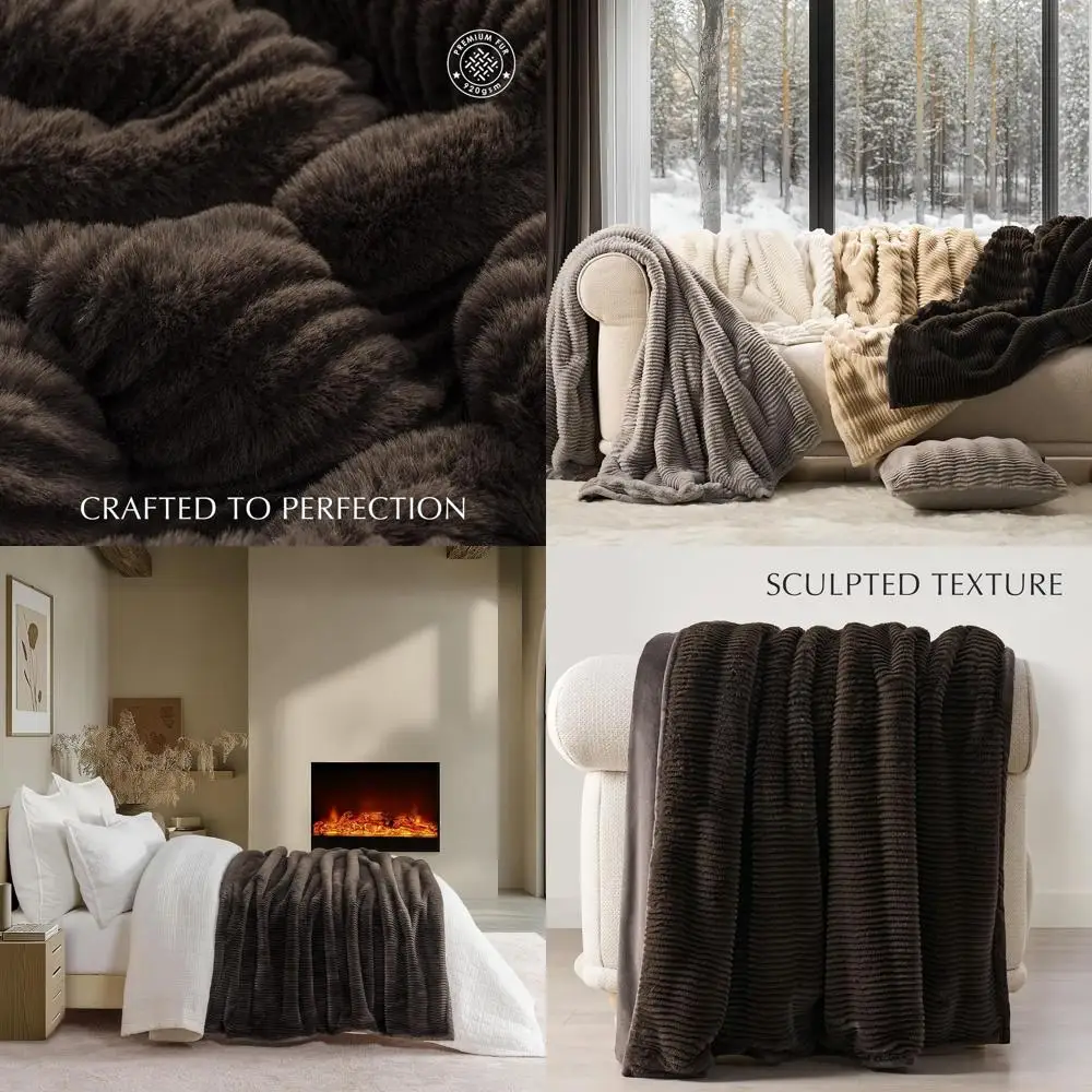 

Luxurious Plush Faux Rabbit Fur Throw Blanket, 60x80, Dark Brown, 920GSM