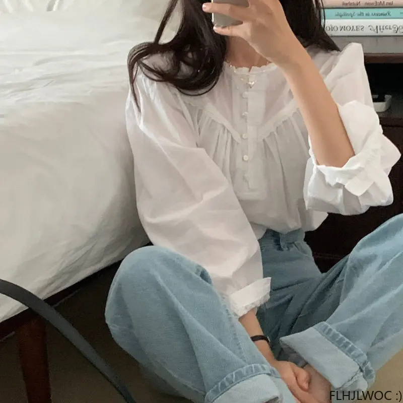 Chic Korea Tops Blusas Women 2023 New Design Solid Color Casual Loose Belly Cotton Blends Retro Vintage Shirts Blouses