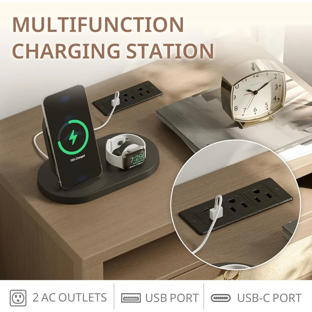 منضدة محطة شحن مقاس 23.6 بوصة مع درجين ورف تخزين، طراز الروطان البوهيمي لمساحات غرف النوم الصغيرة #4