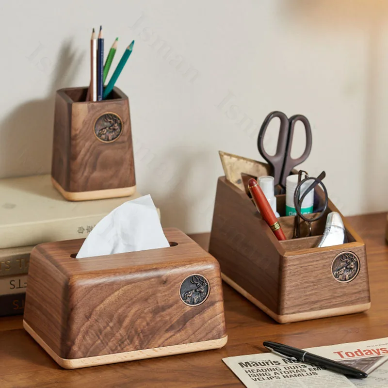 Black Walnut Wood Tissue Box Cover Creative Living Room Decoration Desktop Storage Paper Towel Holder Divided Storage Boxes Tray