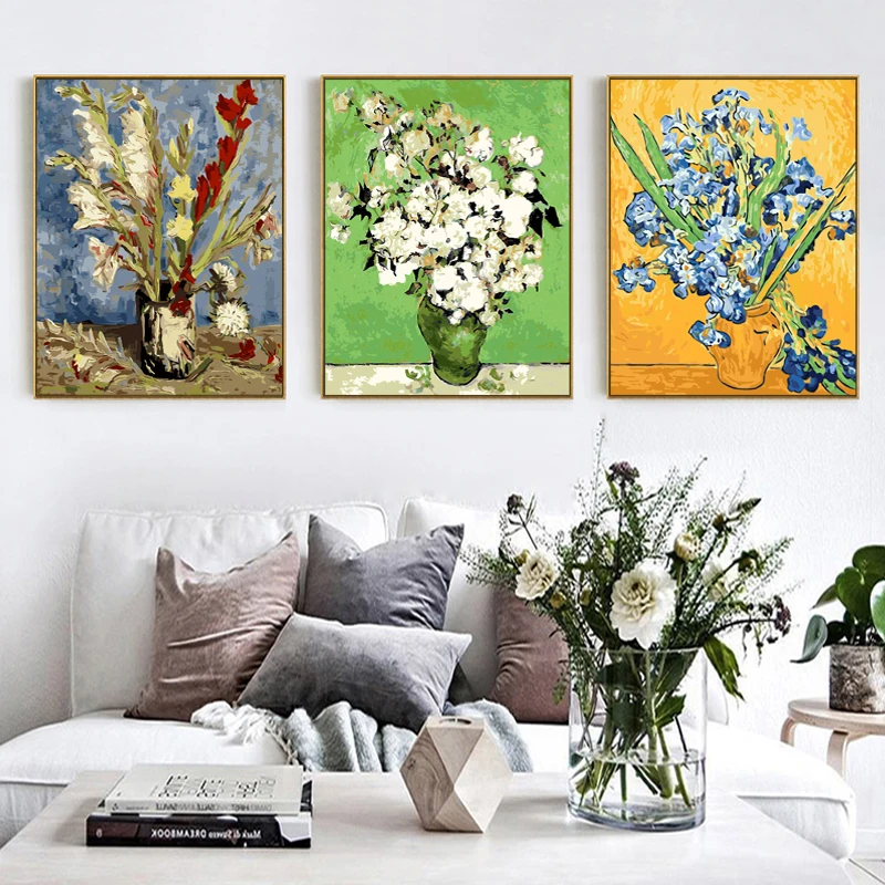 

Van Gogh Flower Vase Series Triptych DIY Hand Coloring Digital Oil Painting World Famous Still Life Floral Decoration Artwork