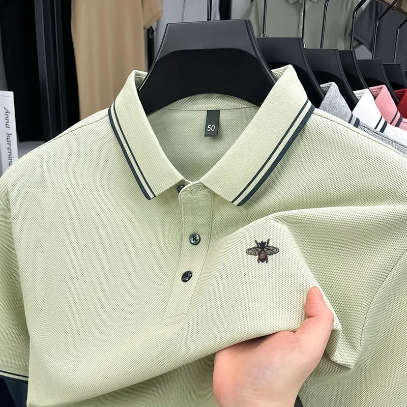 

100Cotton Original Brand Men's Polo Shirt Lapel Short Sleeve T-Shirt Summer New Arrival Bee Print Soft Business Casual Menswear