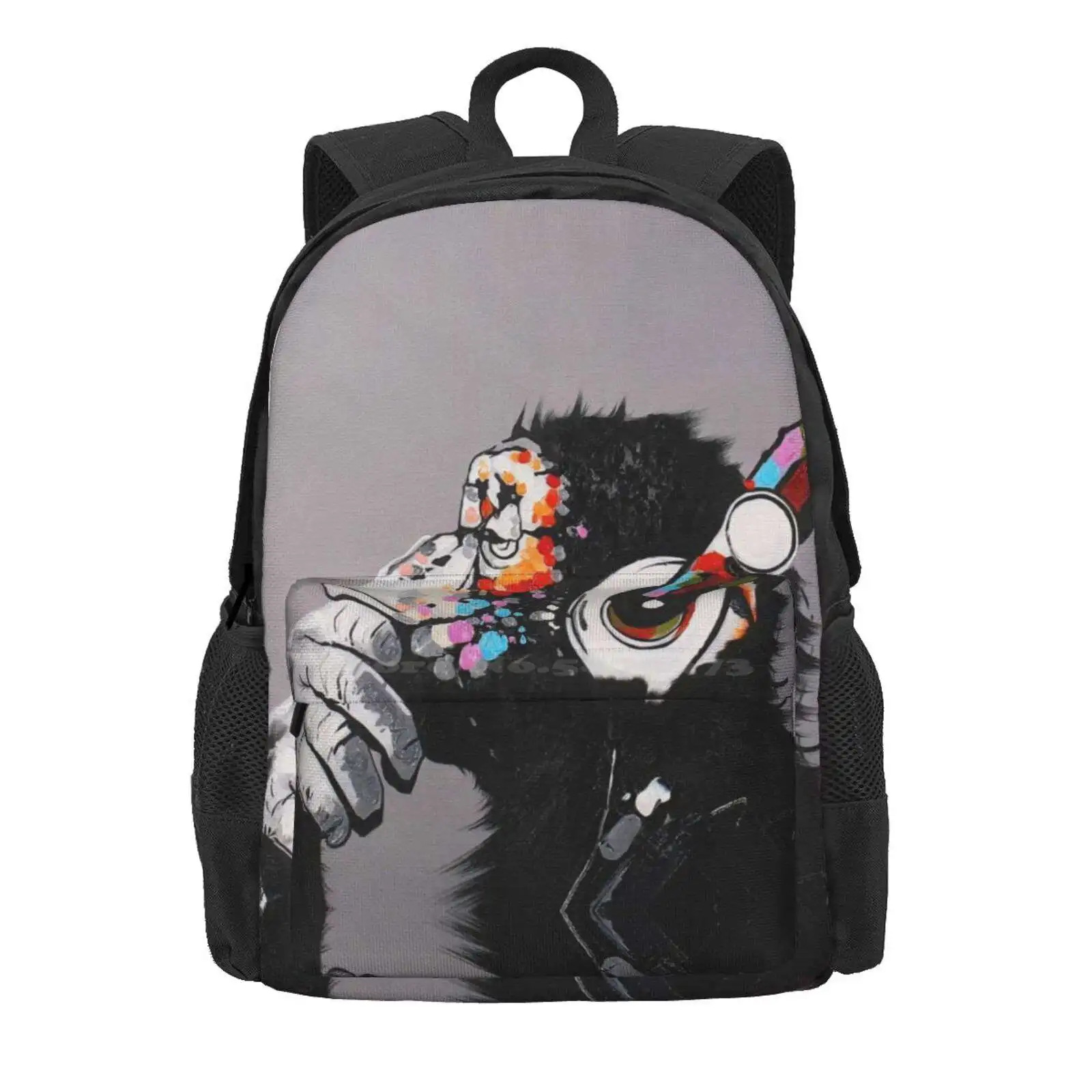 Dj Monkey With Headphones Thinking - Thinker Chimp Hot Sale Schoolbag Backpack Fashion Bags Thinker Chimp Thinking Banksy Chimp