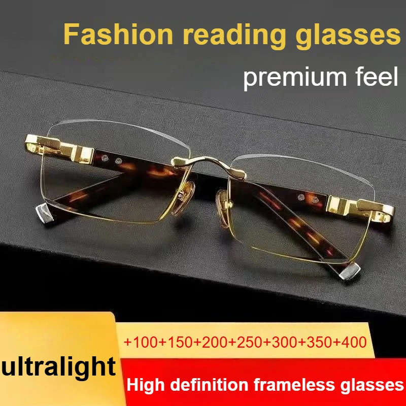 Randlose Premium-Lesebrille, Augenschutz-Business-Brille für Herren, Presbyopie-Brille aus natürlichem Metallmaterial 1,0 bis 4,0
