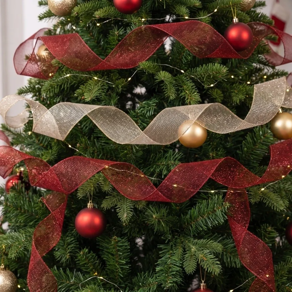 2.5in Wide Christmas Tree Mesh Ribbon Wavy Binding Fish Tail Burlap Christmas Tree Decorations DIY 1Roll 179.13in