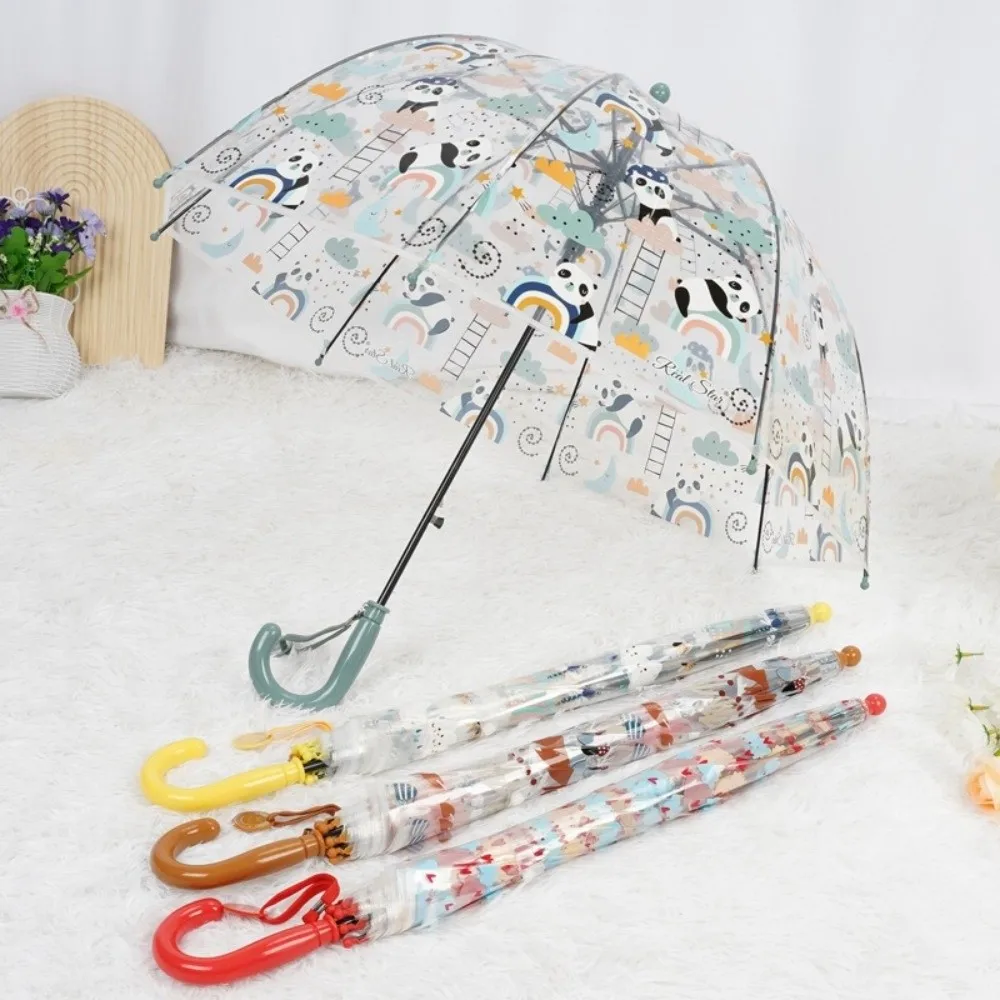 Lightweight Transparent Dome Umbrella Cartoon Animals Non-Slip Grip Kids Umbrella Easy Grip Hook Long Handle Umbrella Children