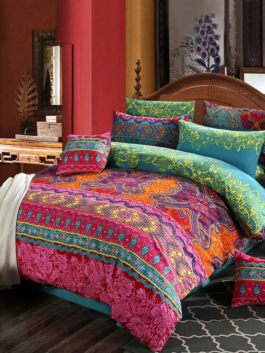 

Комплект постельного белья из 3 предметов в богемном стиле с цветочными и геометрическими узорами - Мягкое полиэстеровое покрывало