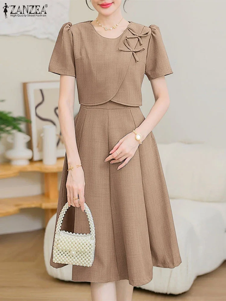 ZANZEA Damen-Sommer-Patchwork-Kleider 2022, elegant, kurzärmelig, Büro-OL-Sommerkleid, stilvoll, tailliert, A-Linie, Partykleid, Midi-Robe