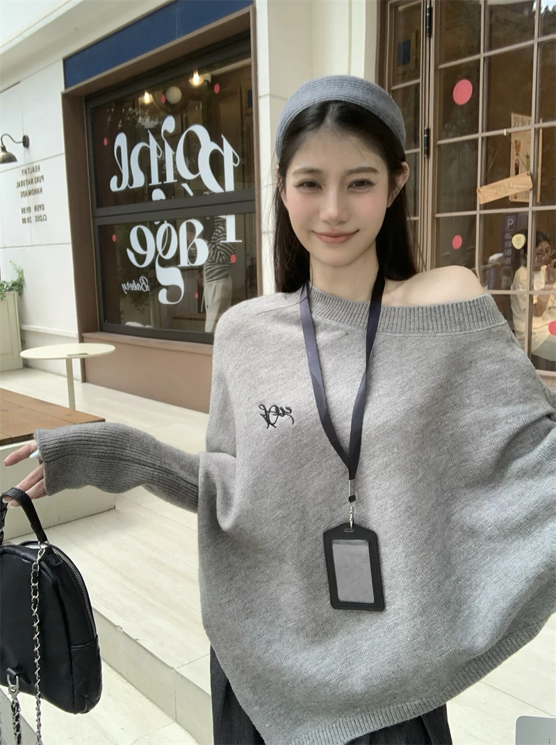 

Asymmetrical oulder ey Long Sve Women's Knitted Sweater Loose Lazy Sle Autumn Winter Top Sweet Sle Polyester Fiber